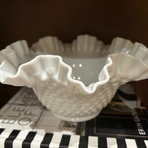 Fenton White Hobnail Ruffled Bowl